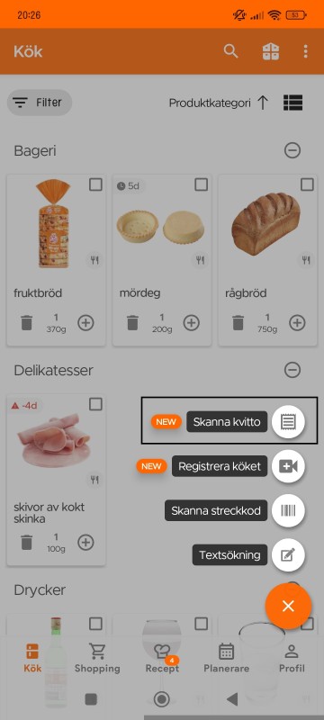 Scan Receipt option in Kitchen page